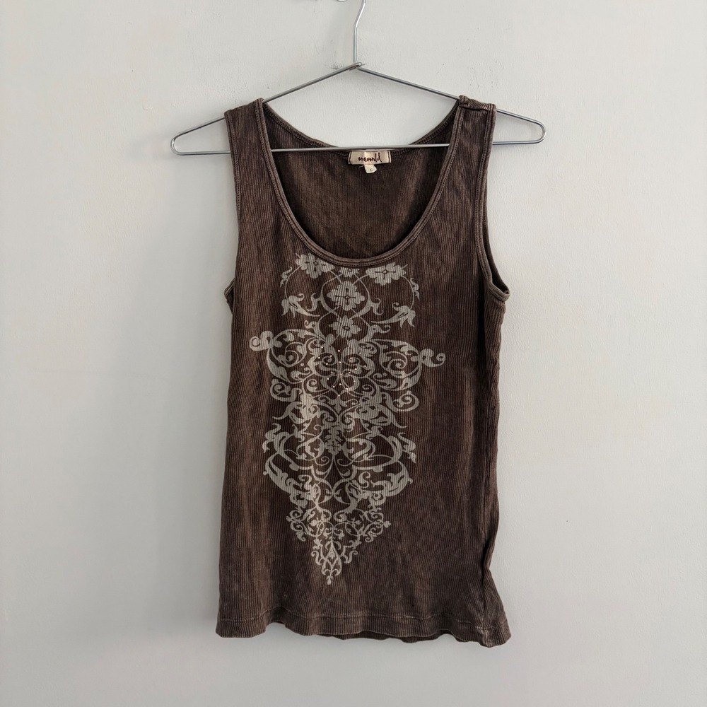 One World Brown Ribbed Graphic Tank Top Large Y2K Boho Fairycore Tank Shirt